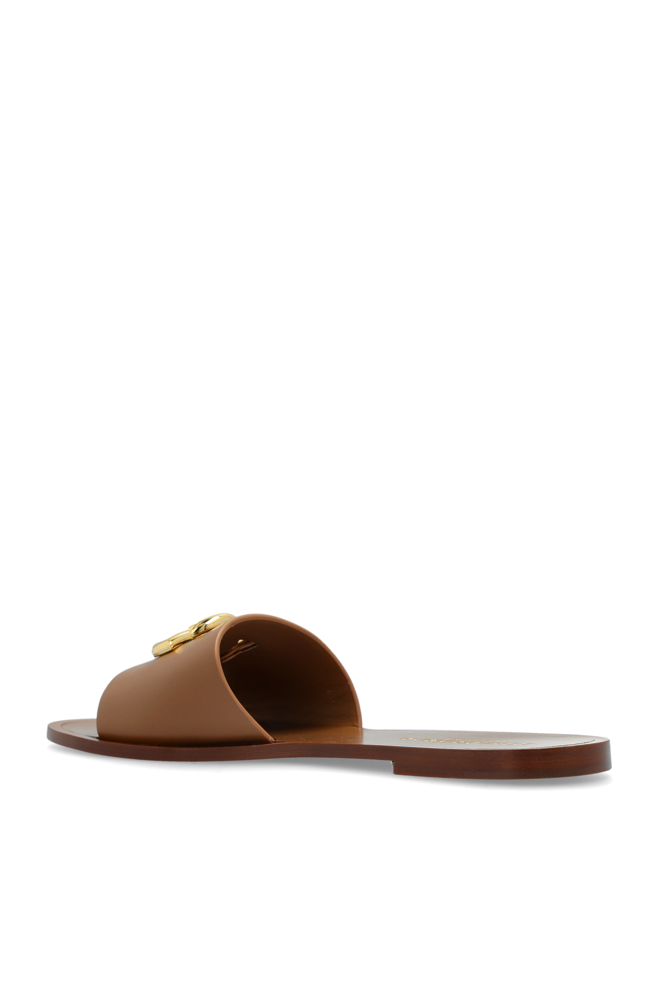 Brown Leather slides with a logo-shaped applique Dolce